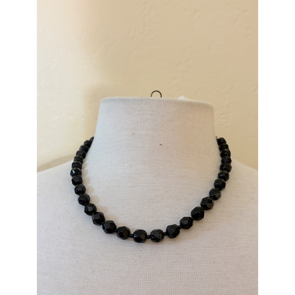 Vintage Black Faceted Glass Bead Graduated Necklace Hook‎ Clasp 17 Inch